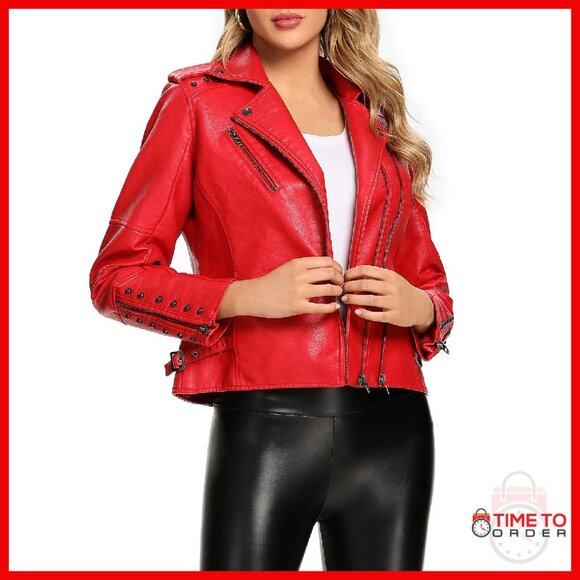 Faux Leather Moto Jacket with Rivets Double Zip Windproof Outerwear